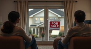 Illustration showing a couple contemplating the decision of selling their family home during a divorce.